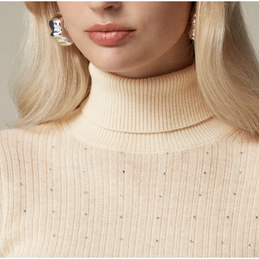 J.Crew Featherweight Cashmere Turtleneck Sweater Rhinestones Buttercream XL NWT